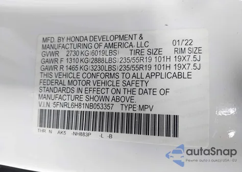 2022 Honda Odyssey Touring from USA, damaged, VIN 5FNRL6H81NB053357